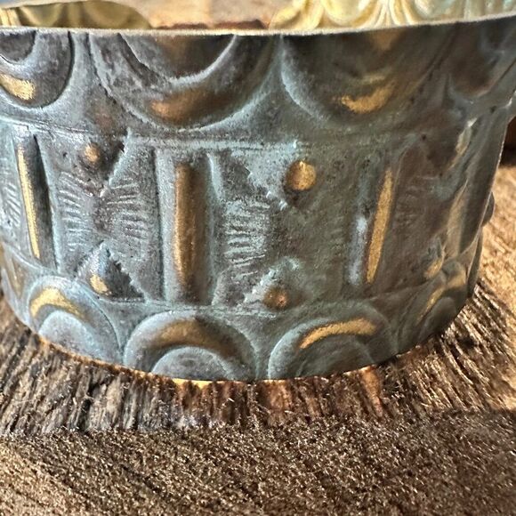 Handcrafted Artesian Boho Brass Patina‎ Bracelet, Aqua Sacred Geometry Allover, - Picture 5 of 8